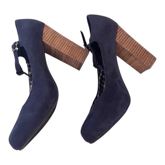 Crown Vintage T-strap Heels Testera-CV Navy Microsuede Size 8M 4" Block Heel - Picture 7 of 11